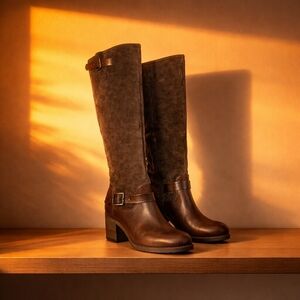 Jessica Simpson Niagara Brown Mixed Suede Knee-High Riding Boots Sz 7 Block Heel